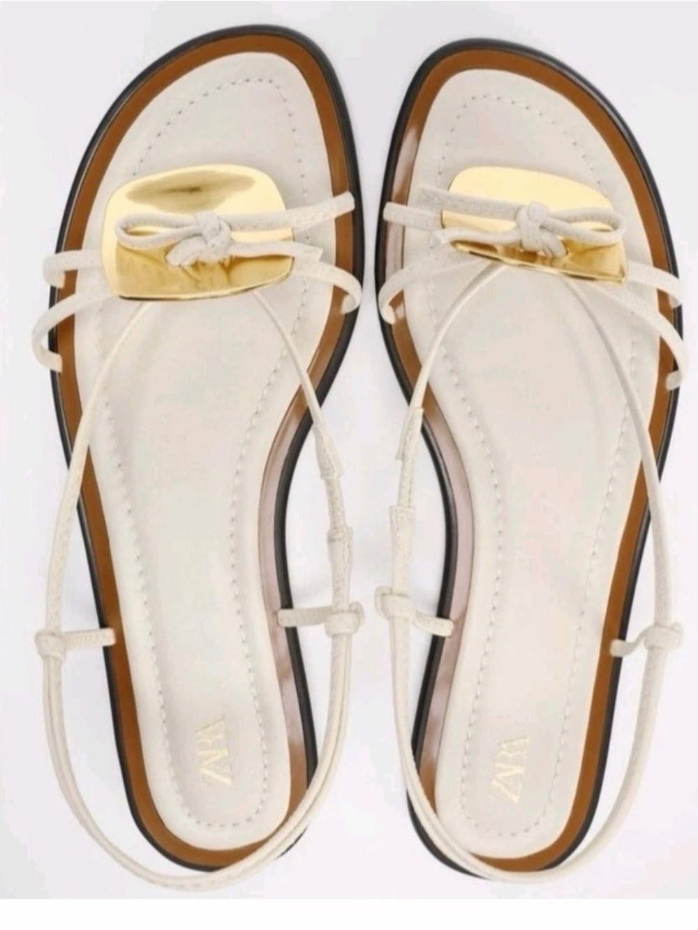 Zara Ivory Leather Knot Sandals with Gold Accent